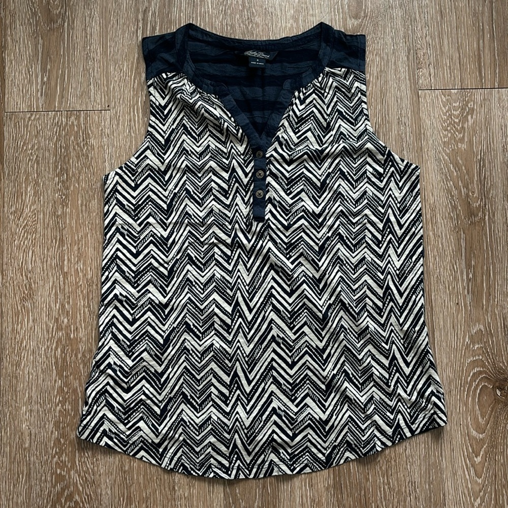 Lucky Brand blue/tan chevron & striped print henley tank top, cotton, small